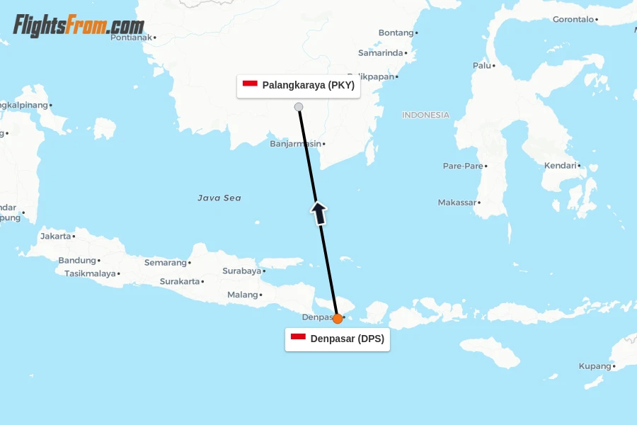 Flights from Denpasar to Palangkaraya route map