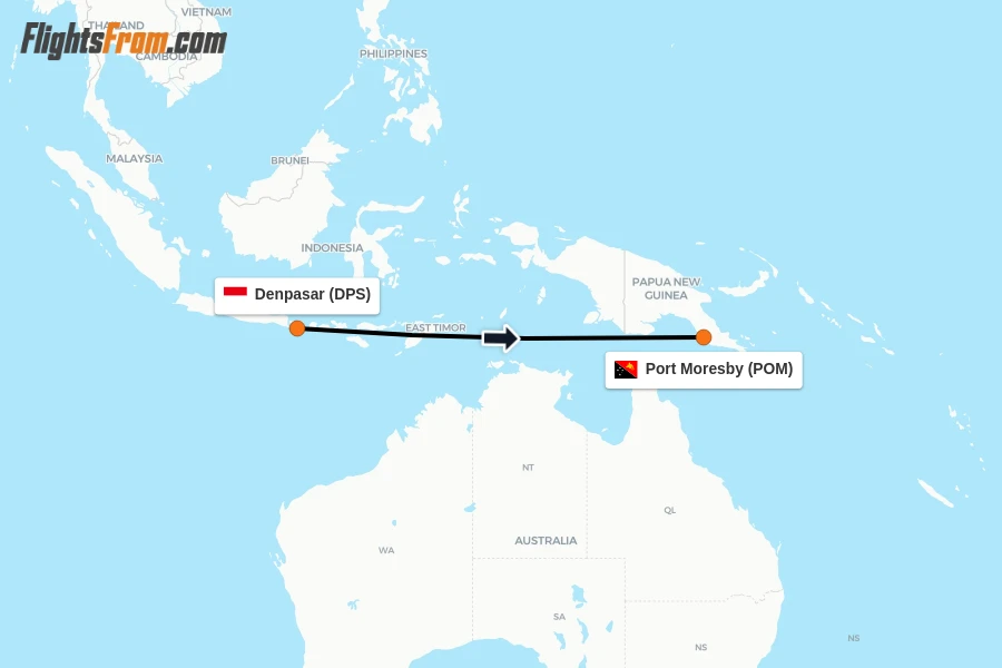 Flights from Denpasar to Port Moresby route map