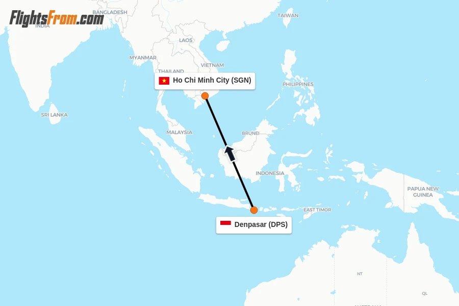 Flights from Denpasar to Ho Chi Minh City route map