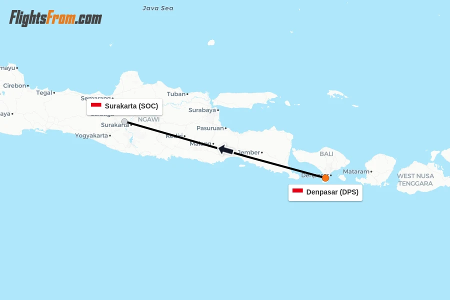 Flights from Denpasar to Surakarta route map