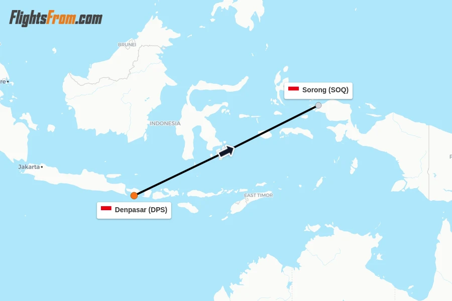 Flights from Denpasar to Sorong route map