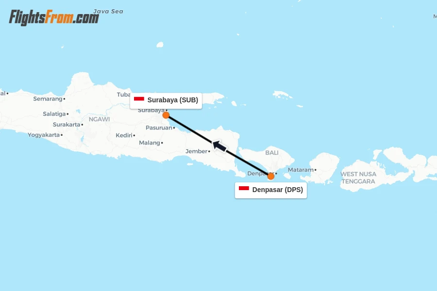 Flights from Denpasar to Surabaya route map