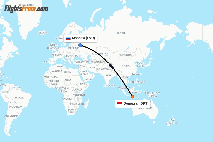 Flights from Denpasar to Moscow route map