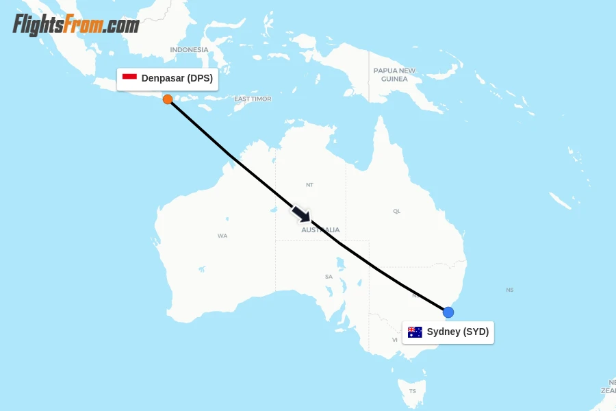Flights from Denpasar to Sydney route map