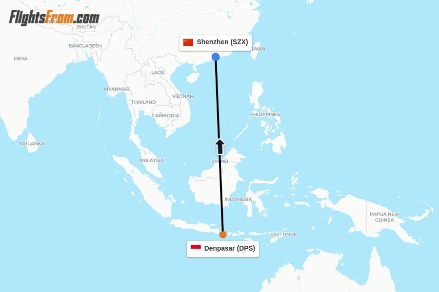 Flights from Denpasar to Shenzhen route map