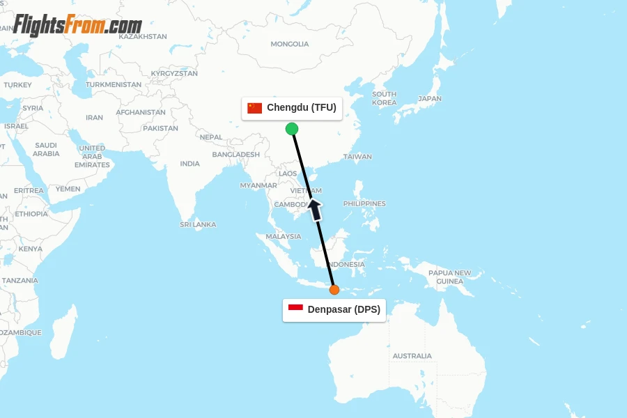 Flights from Denpasar to Chengdu route map