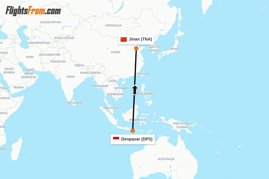Flights from Denpasar to Jinan route map