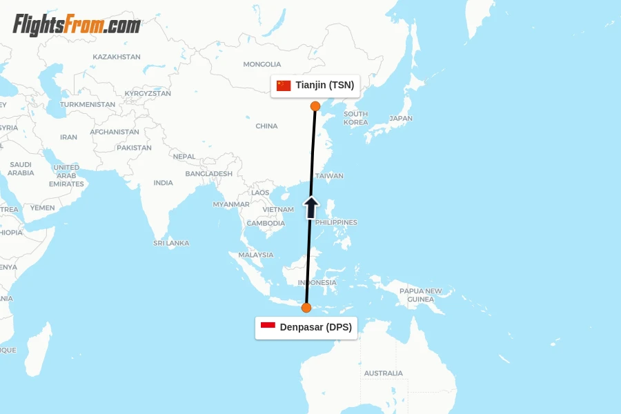 Flights from Denpasar to Tianjin route map