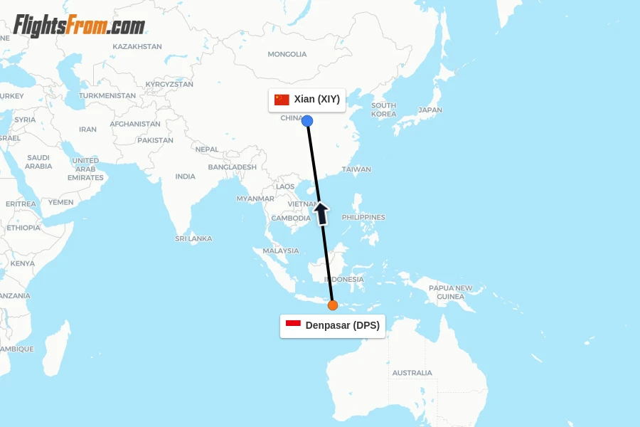 Flights from Denpasar to Xian route map