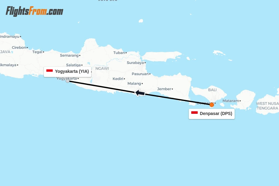 Flights from Denpasar to Yogyakarta route map