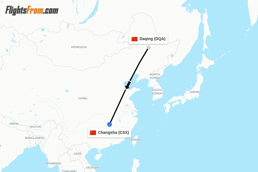 Flights from Daqing to Changsha route map