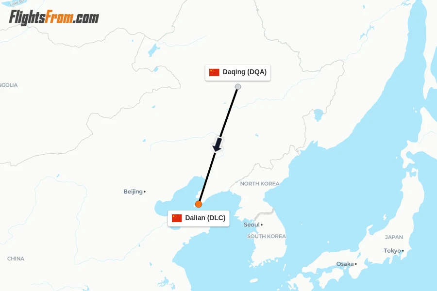 Flights from Daqing to Dalian route map