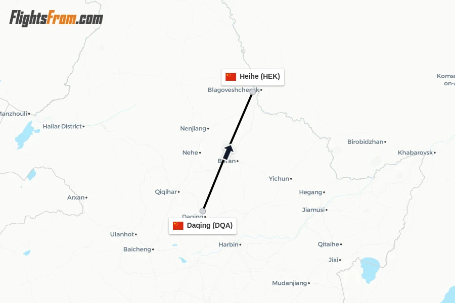 Flights from Daqing to Heihe route map