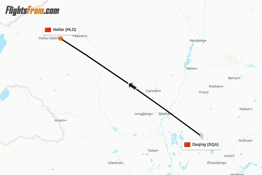 Flights from Daqing to Hailar route map