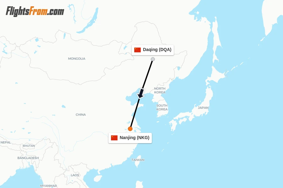Flights from Daqing to Nanjing route map