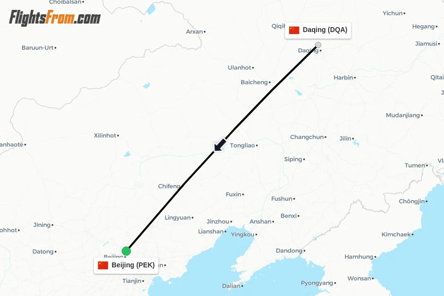 Flights from Daqing to Beijing route map