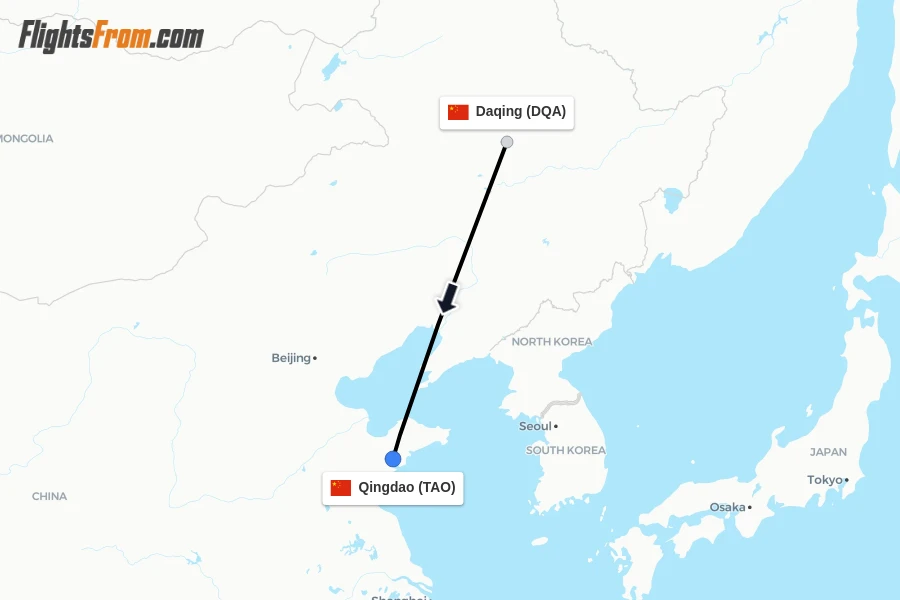 Flights from Daqing to Qingdao route map