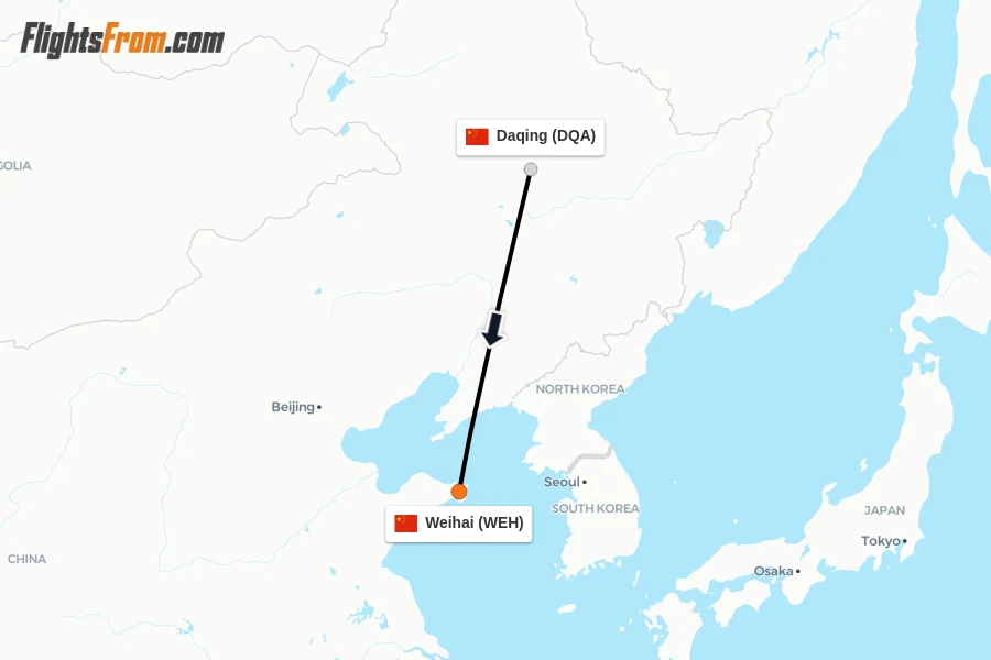 Flights from Daqing to Weihai route map