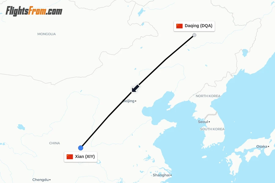 Flights from Daqing to Xian route map