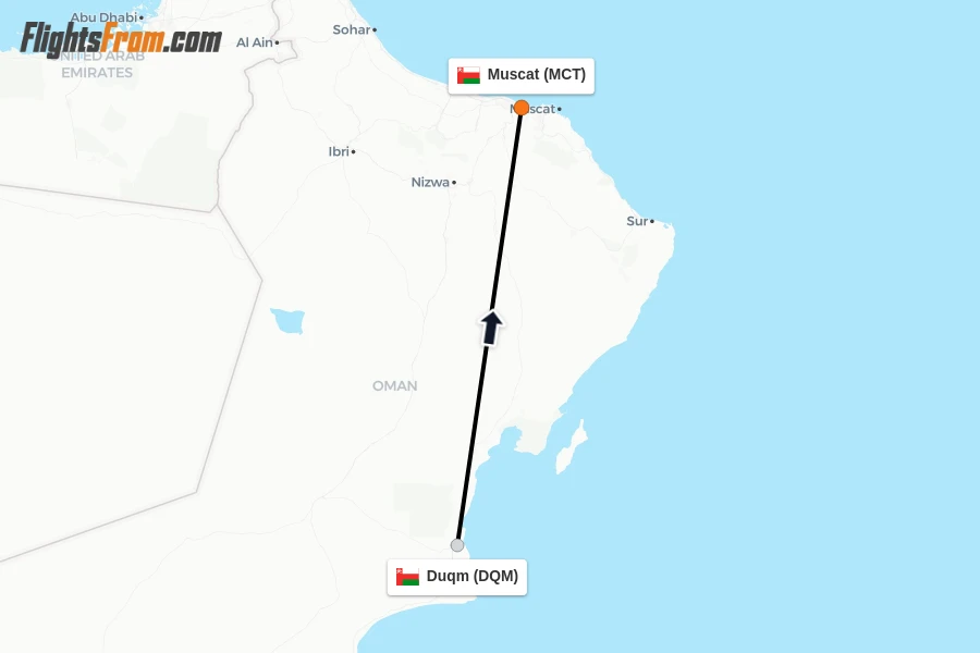 Flights from Duqm to Muscat route map