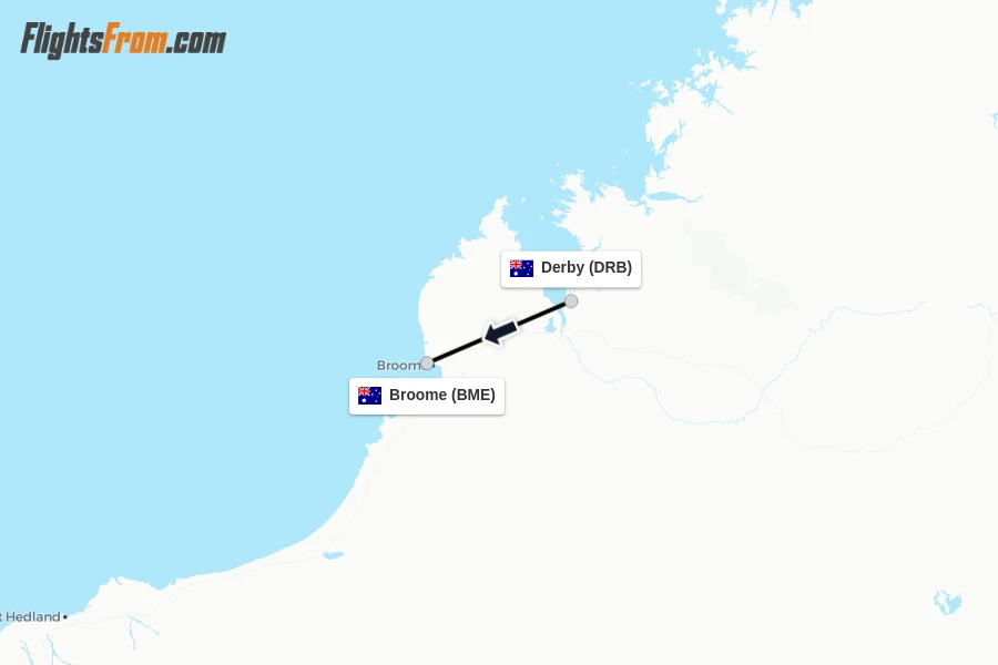 Flights from Derby to Broome route map