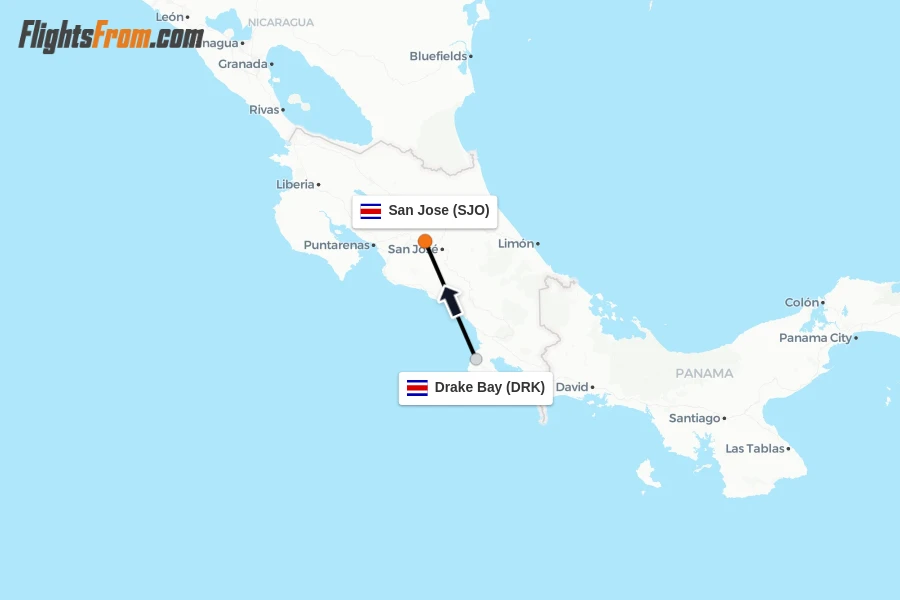 Flights from Drake Bay to San Jose route map