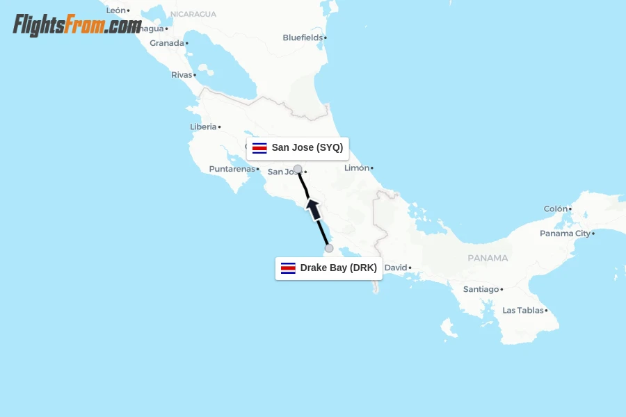 Flights from Drake Bay to San Jose route map