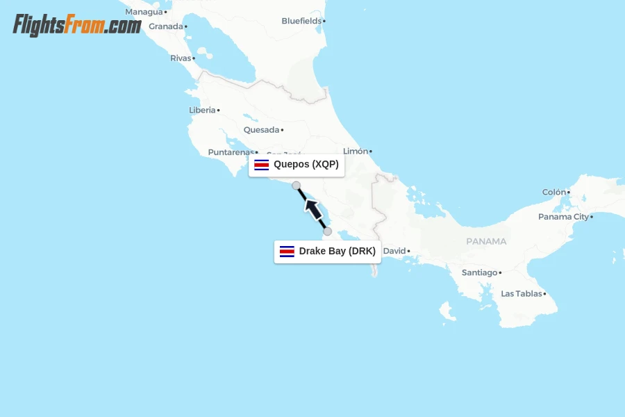 Flights from Drake Bay to Quepos route map