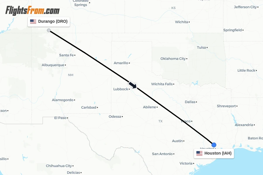 Flights from Durango to Houston route map