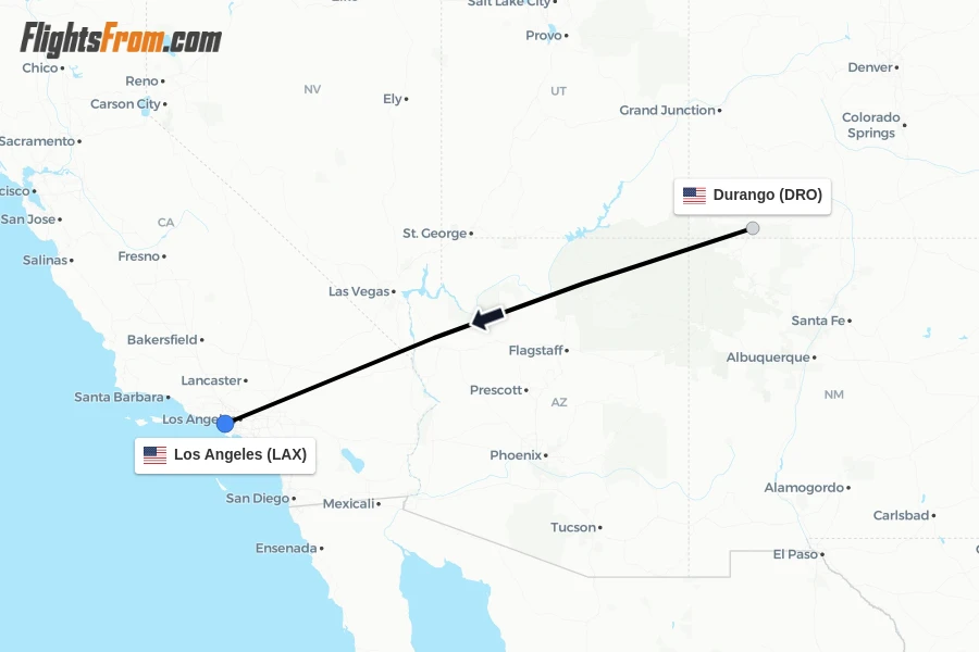 Flights from Durango to Los Angeles route map