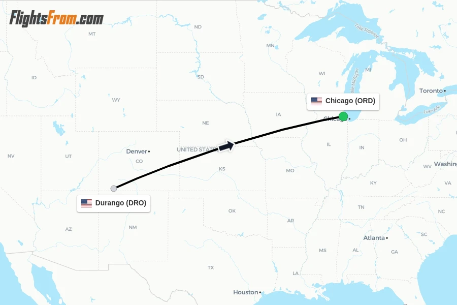 Flights from Durango to Chicago route map