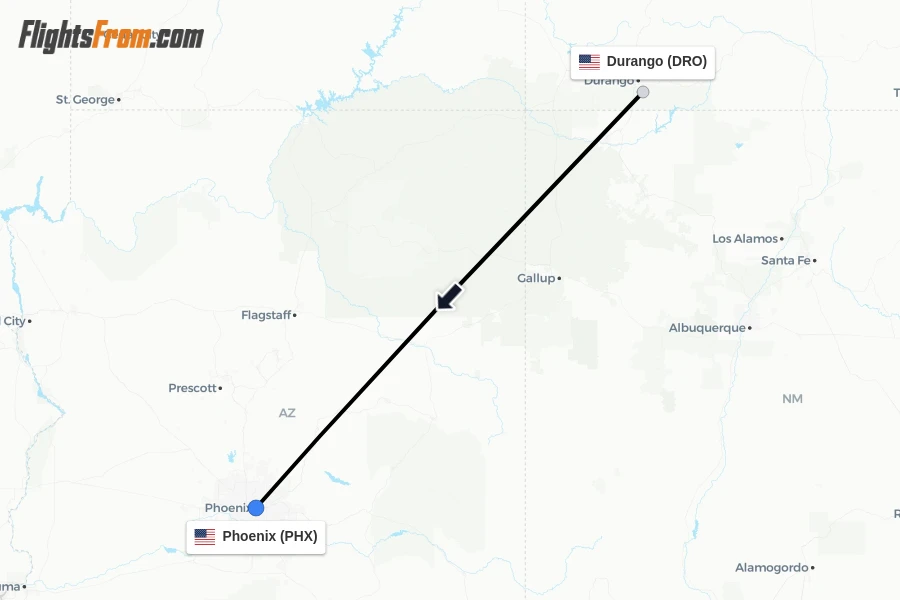 Flights from Durango to Phoenix route map