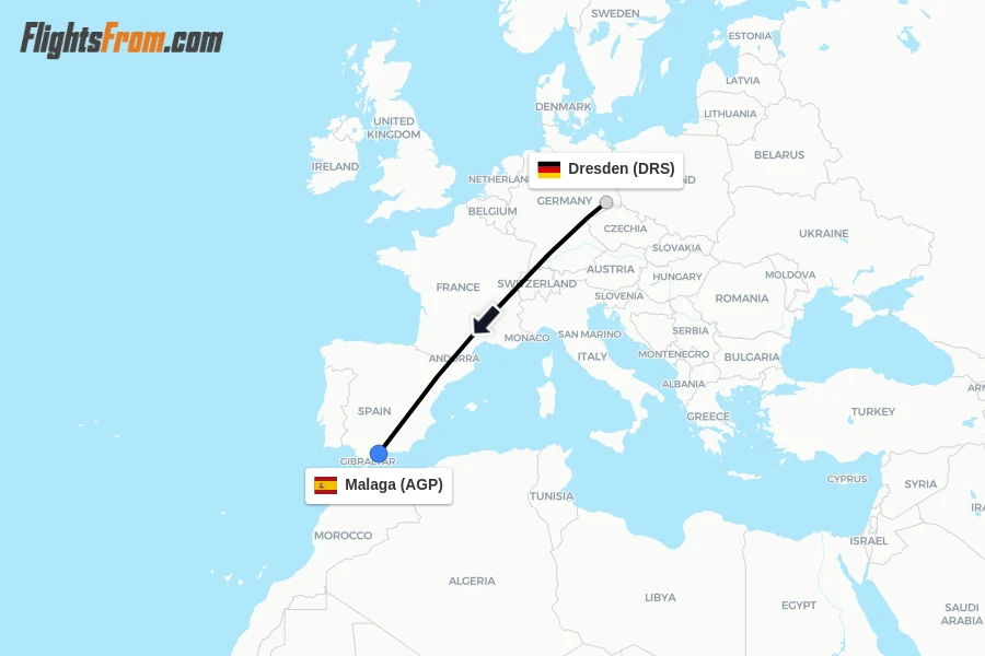 Flights from Dresden to Malaga route map