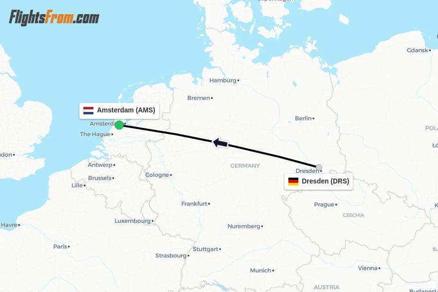 Flights from Dresden to Amsterdam route map