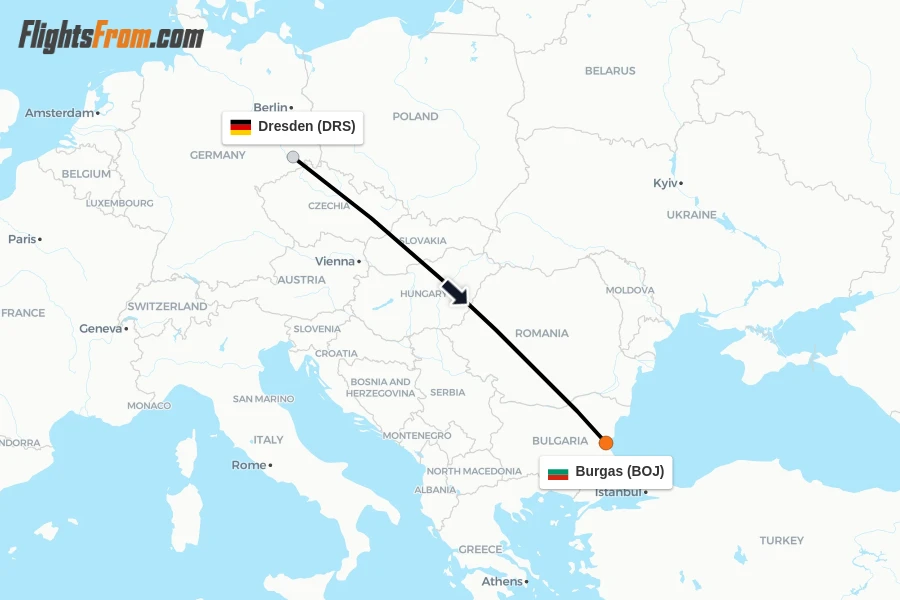 Flights from Dresden to Burgas route map