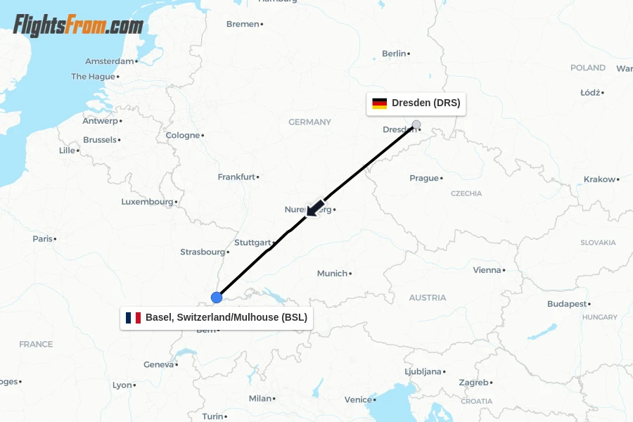 Flights from Dresden to Basel, Switzerland/Mulhouse route map
