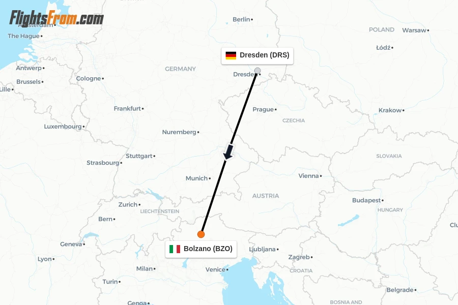 Flights from Dresden to Bolzano route map