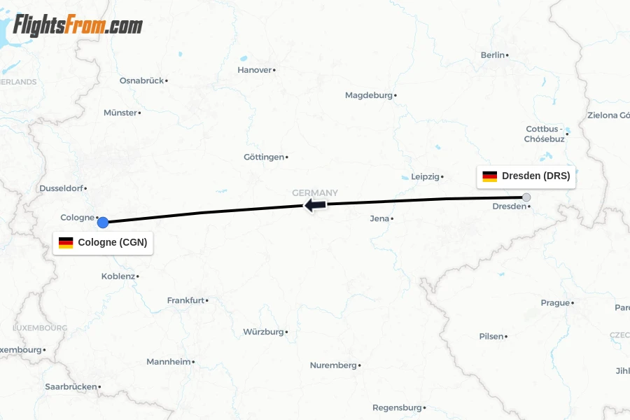 Flights from Dresden to Cologne route map