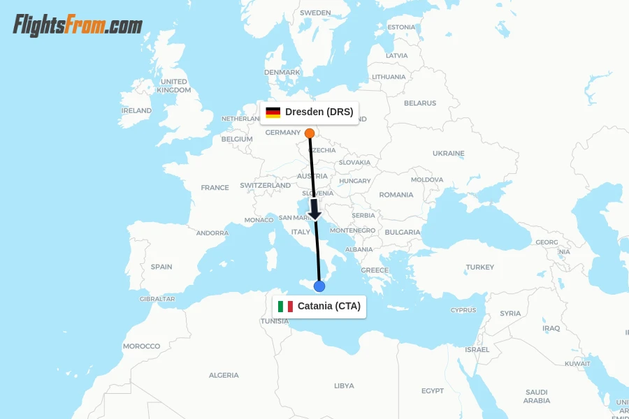 Flights from Dresden to Catania route map
