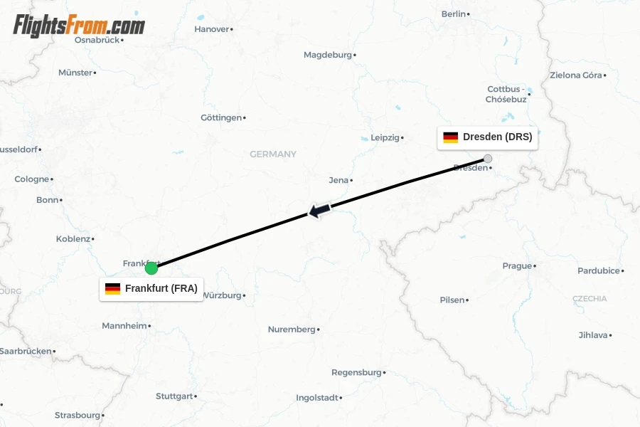 Flights from Dresden to Frankfurt route map