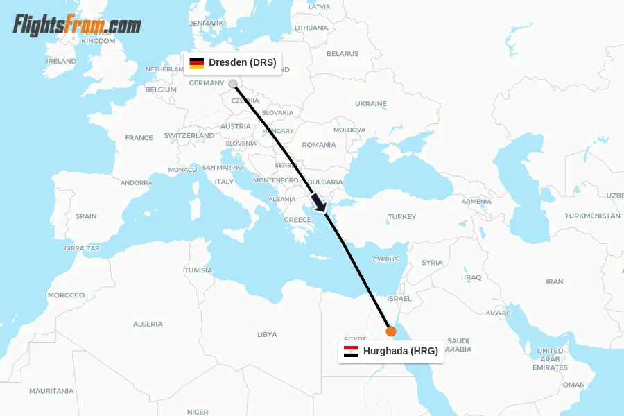 Flights from Dresden to Hurghada route map