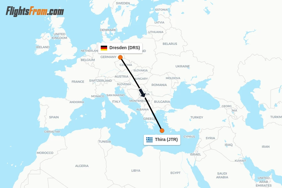Flights from Dresden to Thira route map