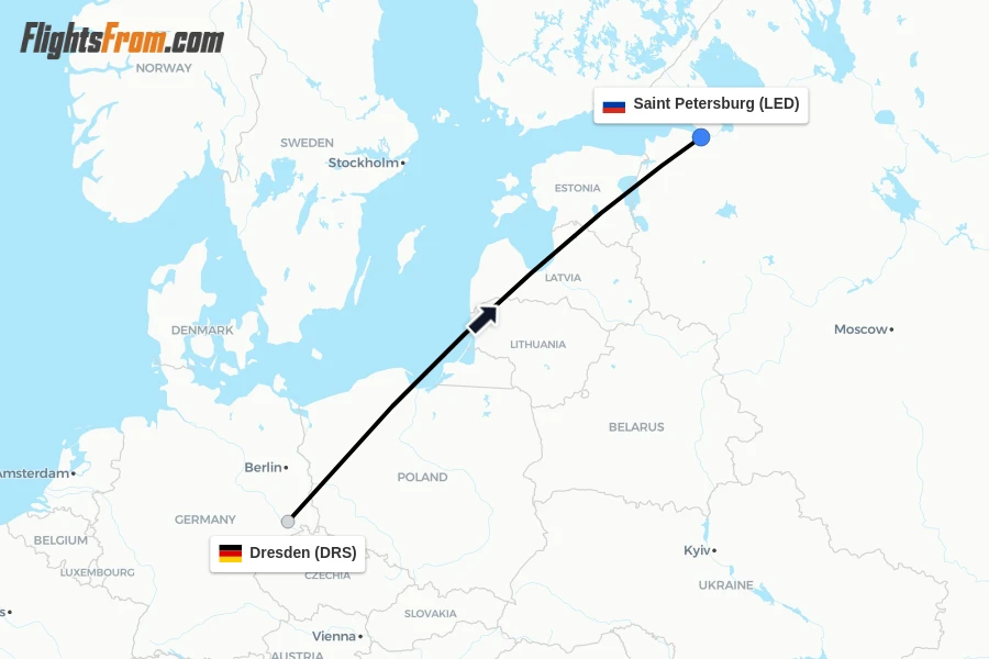 Flights from Dresden to Saint Petersburg route map