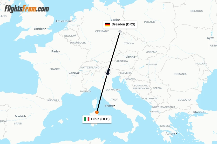 Flights from Dresden to Olbia route map