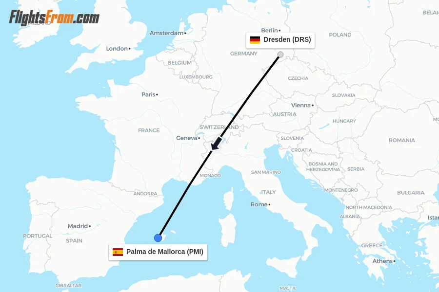 Flights from Dresden to Palma de Mallorca route map