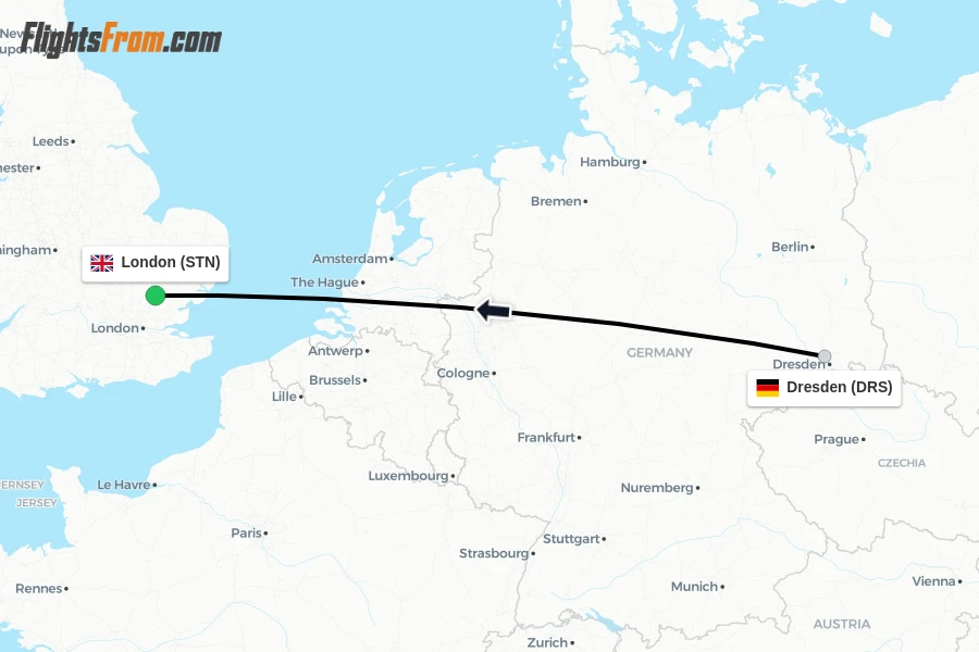 Flights from Dresden to London route map