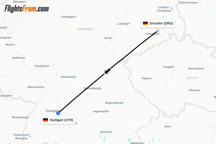 Flights from Dresden to Stuttgart route map
