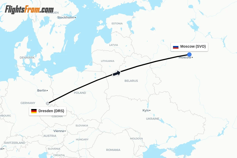 Flights from Dresden to Moscow route map