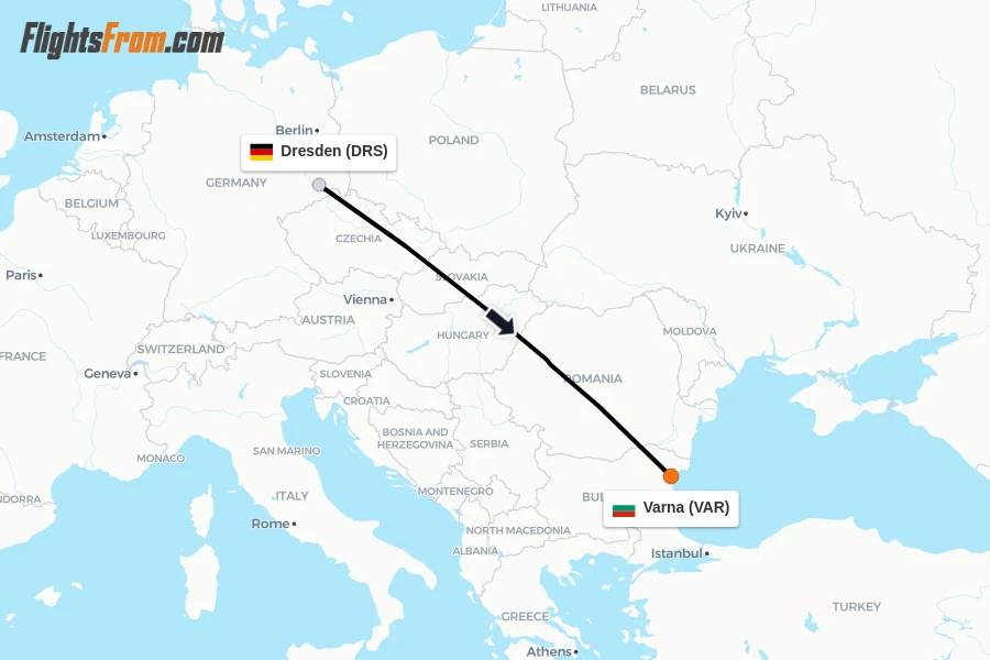 Flights from Dresden to Varna route map