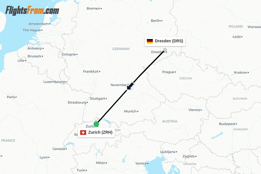 Flights from Dresden to Zurich route map